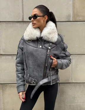 Стильная косуха-дубленка Vintage Grey с воротником из меха песца со шнуровкой на спине