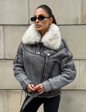 Стильная косуха-дубленка Vintage Grey с воротником из меха песца со шнуровкой на спине