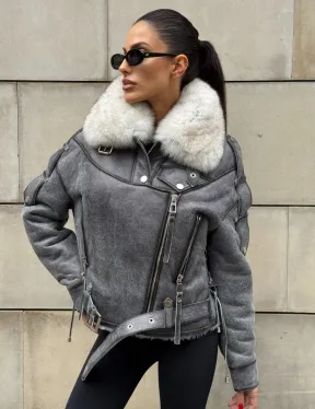Стильная косуха-дубленка Vintage Grey с воротником из меха песца со шнуровкой на спине