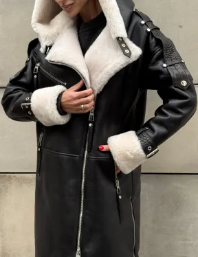 Черная удлиненная дубленка авиатор  с капюшоном на белой овчине