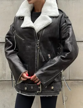 Дубленка-авиатор из натуральной овчины Dark Grey Vintage, со шнуровкой по боковому шву