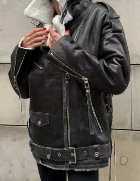 Дубленка-авиатор из натуральной овчины Dark Grey Vintage, со шнуровкой по боковому шву