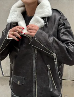 Дубленка-авиатор из натуральной овчины Dark Grey Vintage, со шнуровкой по боковому шву