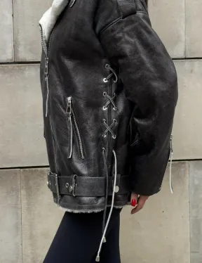 Дубленка-авиатор из натуральной овчины Dark Grey Vintage, со шнуровкой по боковому шву