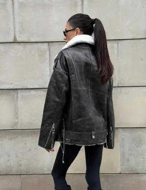 Дубленка-авиатор из натуральной овчины Dark Grey Vintage, со шнуровкой по боковому шву