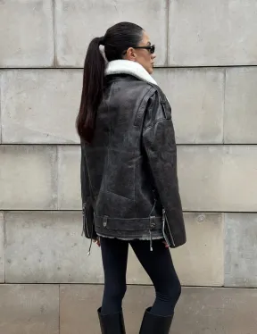 Дубленка-авиатор из натуральной овчины Dark Grey Vintage, со шнуровкой по боковому шву