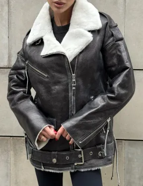 Дубленка-авиатор из натуральной овчины Dark Grey Vintage, со шнуровкой по боковому шву