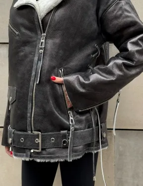 Дубленка-авиатор из натуральной овчины Dark Grey Vintage, со шнуровкой по боковому шву