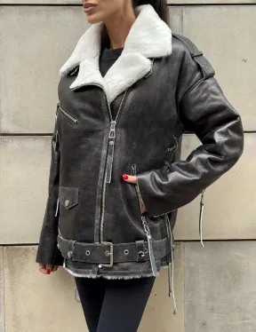 Дубленка-авиатор из натуральной овчины Dark Grey Vintage, со шнуровкой по боковому шву