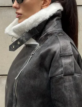 Дубленка-авиатор из натуральной овчины Dark Grey Vintage, со шнуровкой по боковому шву