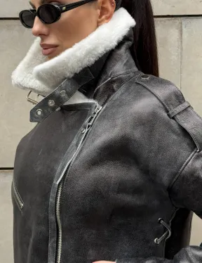 Дубленка-авиатор из натуральной овчины Dark Grey Vintage, со шнуровкой по боковому шву