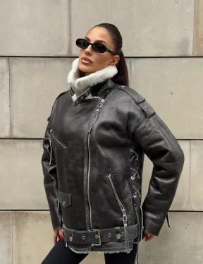 Дубленка-авиатор из натуральной овчины Dark Grey Vintage, со шнуровкой по боковому шву