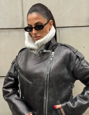 Дубленка-авиатор из натуральной овчины Dark Grey Vintage, со шнуровкой по боковому шву