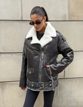 Дубленка-авиатор из натуральной овчины Dark Grey Vintage, со шнуровкой по боковому шву