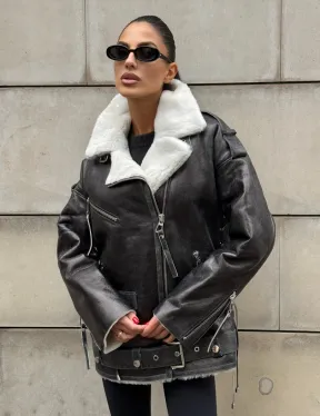 Дубленка-авиатор из натуральной овчины Dark Grey Vintage, со шнуровкой по боковому шву