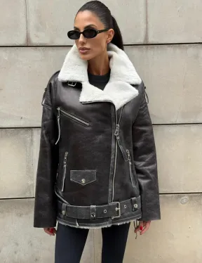 Дубленка-авиатор из натуральной овчины Dark Grey Vintage, со шнуровкой по боковому шву