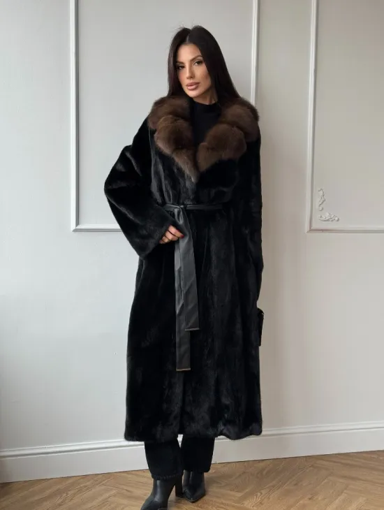 Шуба кимоно LUXURY FASHION из аукционной норки NAFA MINK с английским воротником из меха соболя