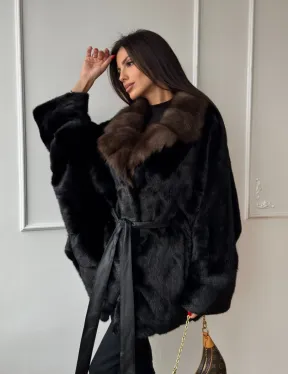 Полушубок из норки Black с воротником из меха темной куницы