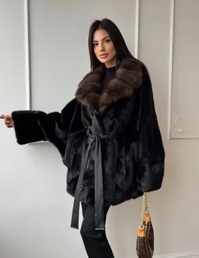 Полушубок из норки Black с воротником из меха темной куницы