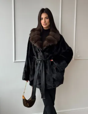 Полушубок из норки Black с воротником из меха темной куницы
