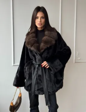 Полушубок из норки Black с воротником из меха темной куницы