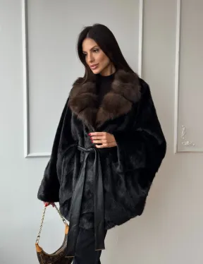 Полушубок из норки Black с воротником из меха темной куницы