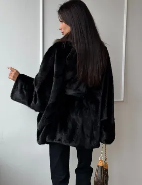 Полушубок из норки Black с воротником из меха темной куницы