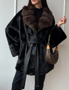 Полушубок из норки Black с воротником из меха темной куницы