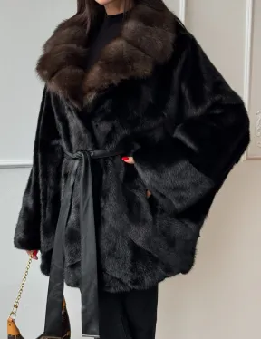Полушубок из норки Black с воротником из меха темной куницы