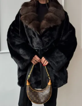 Полушубок из норки Black с воротником из меха темной куницы