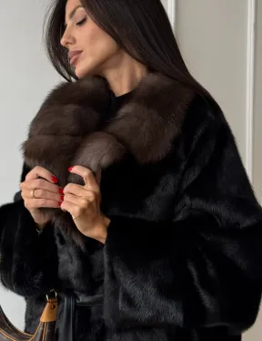 Полушубок из норки Black с воротником из меха темной куницы