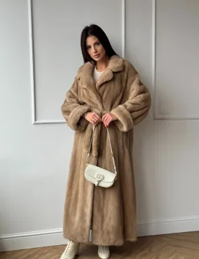 Длинная модная шуба кимоно из меха скандинавской норки со шлицей