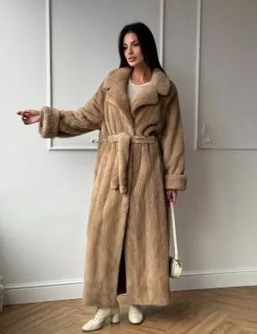 Длинная модная шуба кимоно из меха скандинавской норки со шлицей