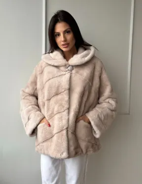 Меховая куртка - шуба из меха норки с капюшоном в цвете пудра