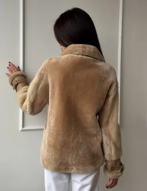 Трендовая куртка - дубленка из натурального меха мериноса и норки на рукавах