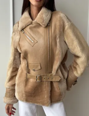 Трендовая куртка - дубленка из натурального меха мериноса и норки на рукавах