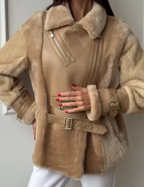 Трендовая куртка - дубленка из натурального меха мериноса и норки на рукавах