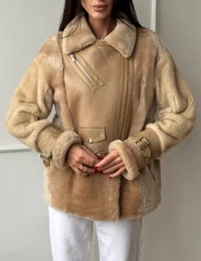 Трендовая куртка - дубленка из натурального меха мериноса и норки на рукавах