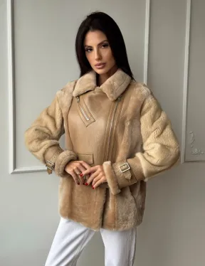 Трендовая куртка - дубленка из натурального меха мериноса и норки на рукавах