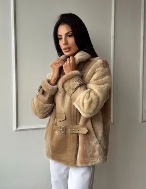 Трендовая куртка - дубленка из натурального меха мериноса и норки на рукавах