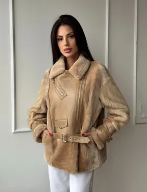 Трендовая куртка - дубленка из натурального меха мериноса и норки на рукавах