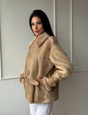Трендовая куртка - дубленка из натурального меха мериноса и норки на рукавах