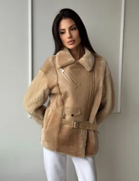 Трендовая куртка - дубленка из натурального меха мериноса и норки на рукавах