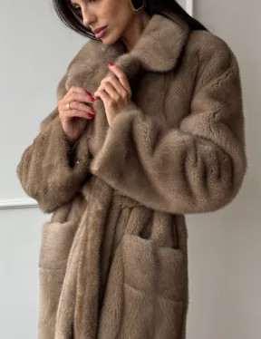 Длинная шуба прямого кроя из меха североамериканской норки с боковыми шлицами