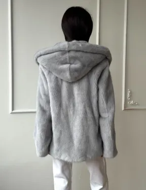 Женский норковый полушубок автоледи с капюшоном из голубой норки