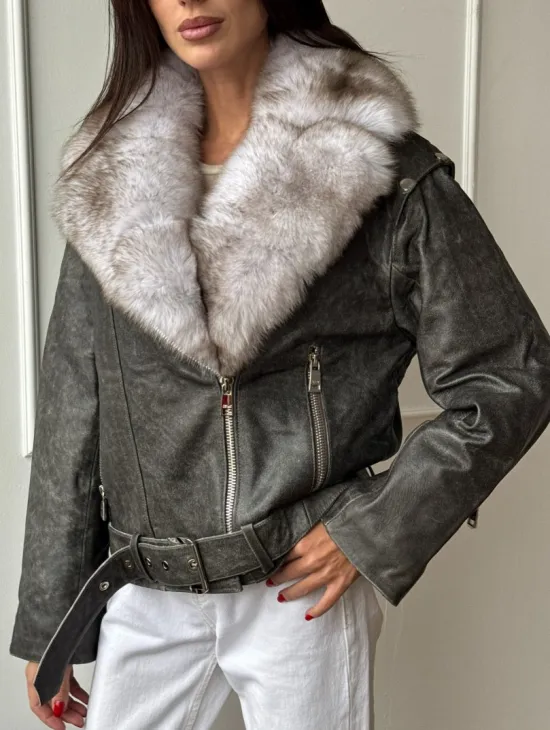 Куртка - косуха демисезонная из натуральной кожи с мехом песца