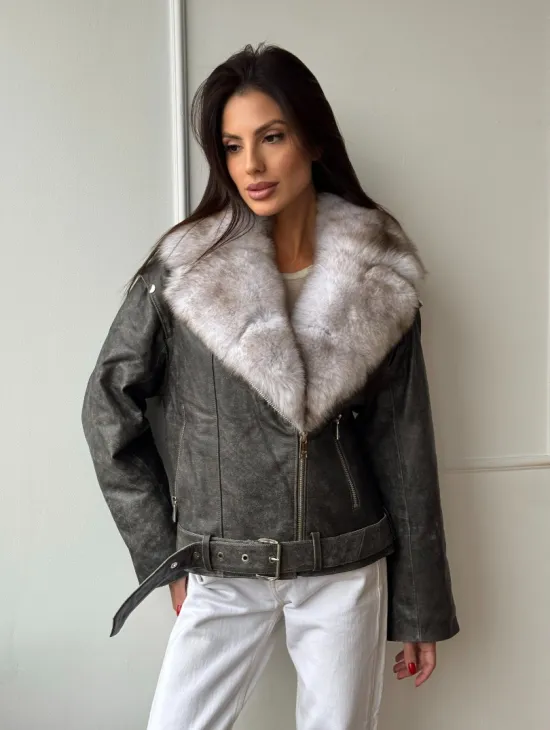 Куртка - косуха демисезонная из натуральной кожи с мехом песца