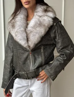 Куртка - косуха демисезонная из натуральной кожи с мехом песца
