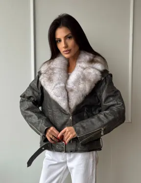 Куртка - косуха демисезонная из натуральной кожи с мехом песца