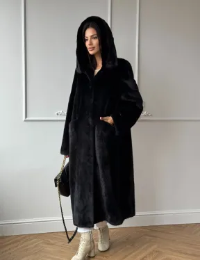 Натуральная черная женская шуба из меха норки Blackglama с капюшоном